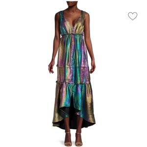 Betsy Johnson liquid rainbow midi foiled dress L (NWT)